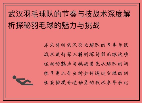 武汉羽毛球队的节奏与技战术深度解析探秘羽毛球的魅力与挑战